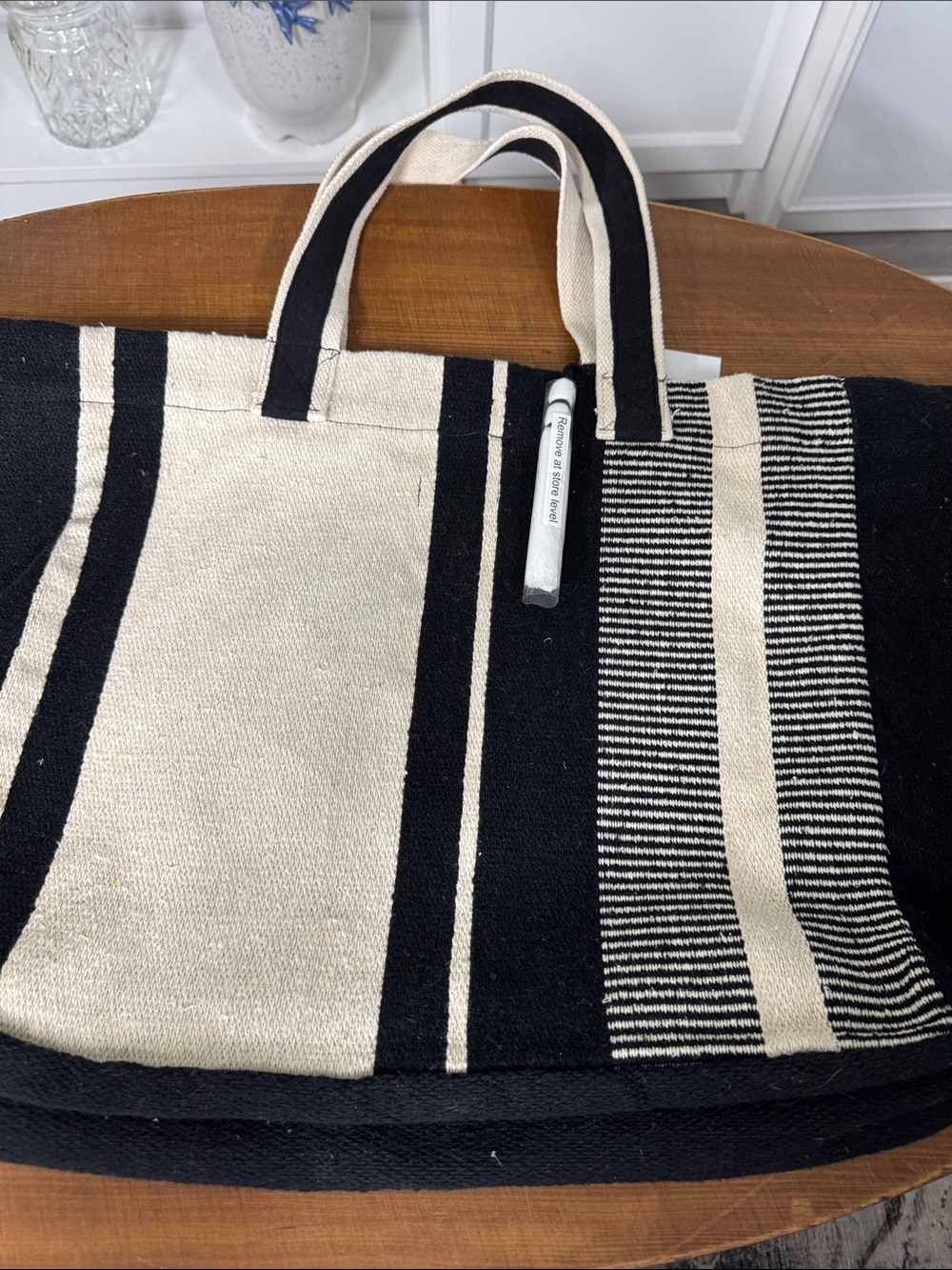 Striped Canvas Tote Bag in Black and Cream